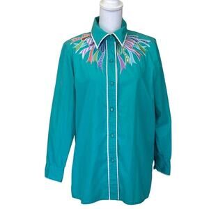 Bob Mackie western embroidered top, teal, vintage, western, cowgirl, kitschy